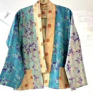 Handcrafted & Reversable Floral Patchwork Kimono Jacket in Teal/Turquoise/Cream